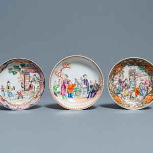 Zes Chinese famille rose koppen en schotels met mandarijns decor, Qianlong — foto 7