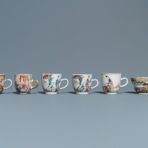 Zes Chinese famille rose koppen en schotels met mandarijns decor, Qianlong — foto 10