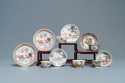 Zes Chinese famille rose schotels en vijf koppen, Kangxi en later