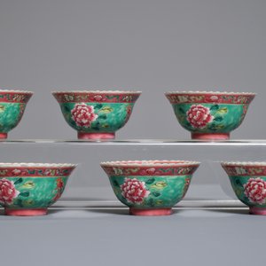 Zes Chinese famille rose Straits of Peranakan kommen met feniksen en pioenrozen, 19e eeuw — foto 3