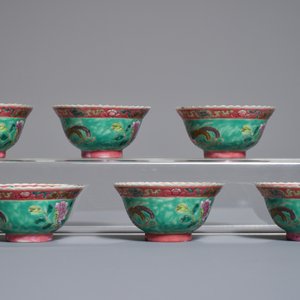 Zes Chinese famille rose Straits of Peranakan kommen met feniksen en pioenrozen, 19e eeuw — foto 5