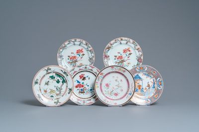 Zes Chinese famille rose, verte en Imari-stijl borden, Kangxi/Qianlong