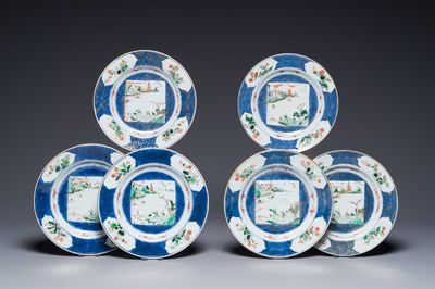 Zes Chinese famille verte 'Xie Qin Fang You 攜琴訪友' borden, Kangxi