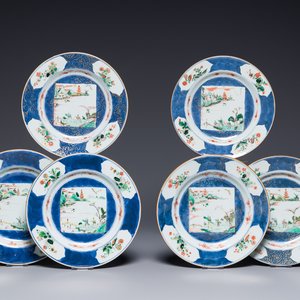Zes Chinese famille verte 'Xie Qin Fang You 攜琴訪友' borden, Kangxi — foto 1