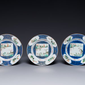 Zes Chinese famille verte 'Xie Qin Fang You 攜琴訪友' borden, Kangxi — foto 4