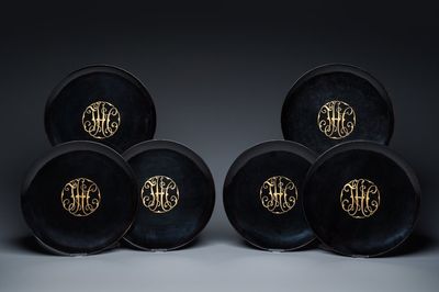 Zes Chinese Fuzhou of Foochow lakwerk schotels met monogram, Shen Shao An merk, Republiek