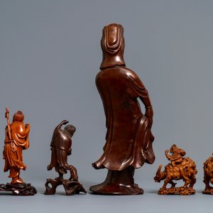 Zes Chinese houten figuren, 19/20e eeuw — foto 4