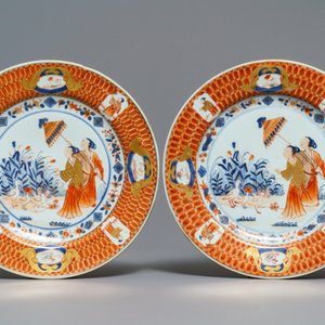 Zes Chinese Imari-stijl borden naar Cornelis Pronk, 'De parasoldames', Qianlong, ca. 1736-1738 — foto 2