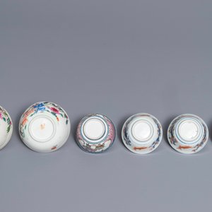 Zes diverse Chinese famille rose en Imari-stijl koppen en schotels, 18e eeuw — foto 9