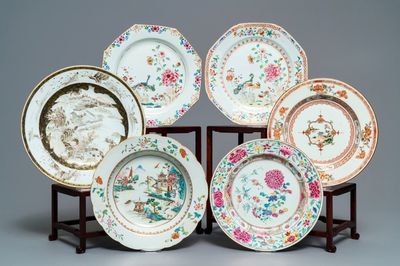 Zes diverse Chinese famille rose, verte en grisaille borden, Yongzheng/Qianlong