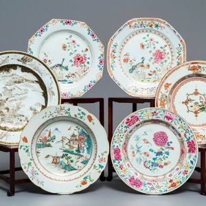 Zes diverse Chinese famille rose, verte en grisaille borden, Yongzheng/Qianlong — foto 1