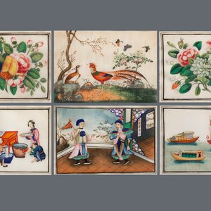 Zes diverse ingelijste Chinese schilderingen op rijstpapier, Canton, 19e eeuw — foto 1