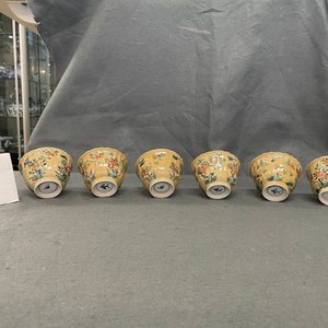 Zes gelobde Chinese famille verte koppen en schotels met zeemleer fondkleur, Kangxi — foto 23