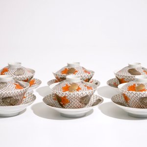 Zes Japanse eierschaal dekselkoppen en schotels met karpers, Meiji, 19e eeuw — foto 2