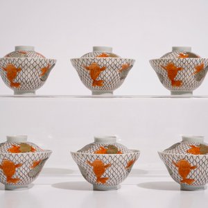 Zes Japanse eierschaal dekselkoppen en schotels met karpers, Meiji, 19e eeuw — foto 8