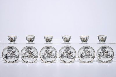Zes miniatuur kopjes en schotels met jezuïetendecor in grisaille, Qianlong