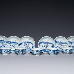 Zeven Chinese blauw-witte koppen en zes schotels, Transitie periode/vroeg Kangxi — foto 1