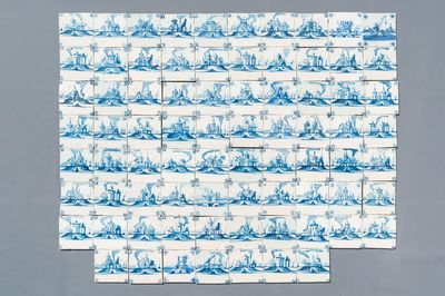 Zevenenzeventig blauw-witte Delftse tegels met landschappen, eind 18e eeuw