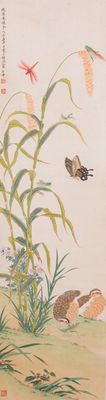 Zhao Hao 趙浩 '石佛' (1881-1949): 'Deux cailles et insectes', encre et couleurs sur soie, daté 1928
