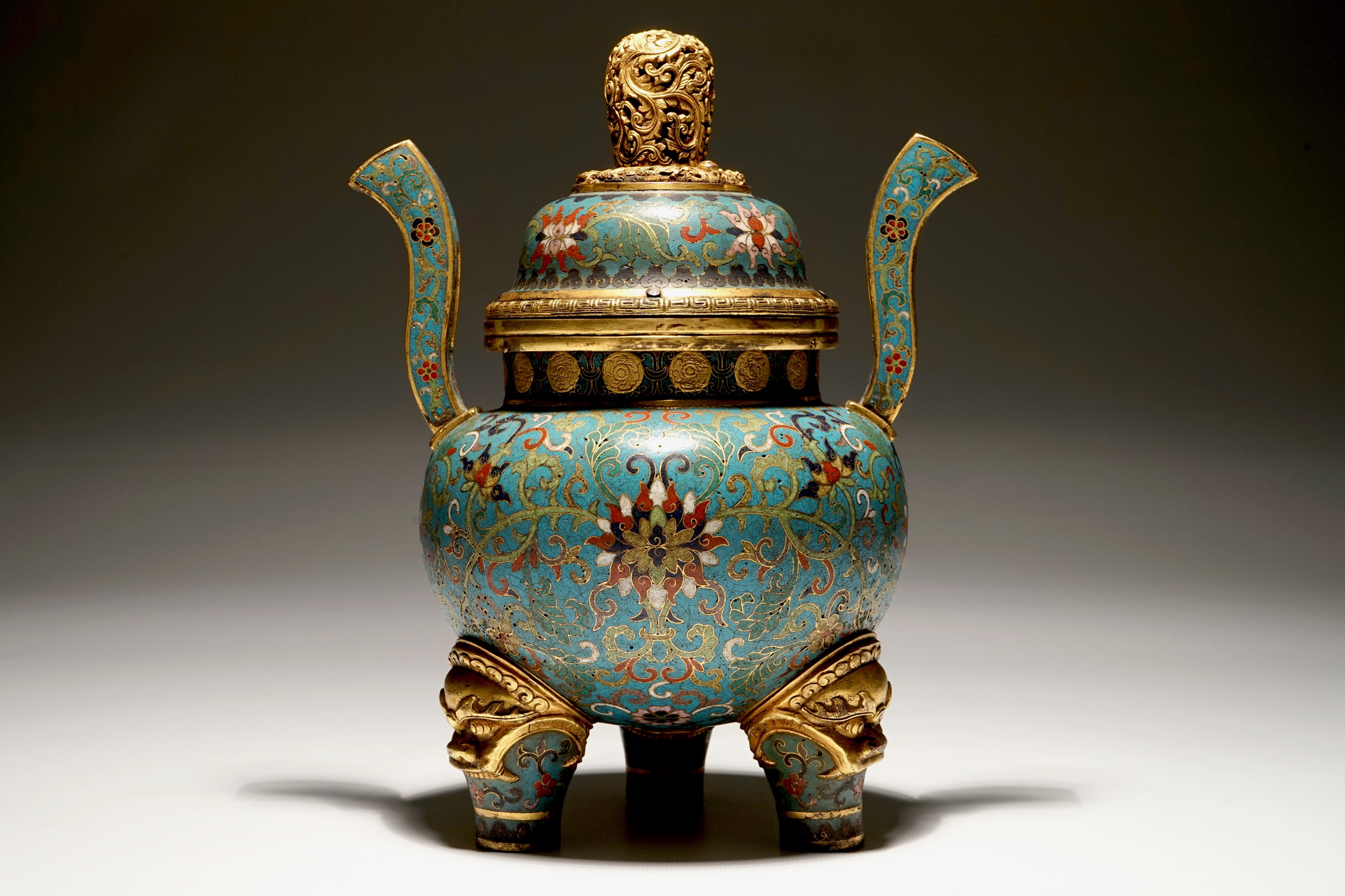 A Chinese Cloisonné And Gilt Tripod Incense Burner And Cover Qianlong