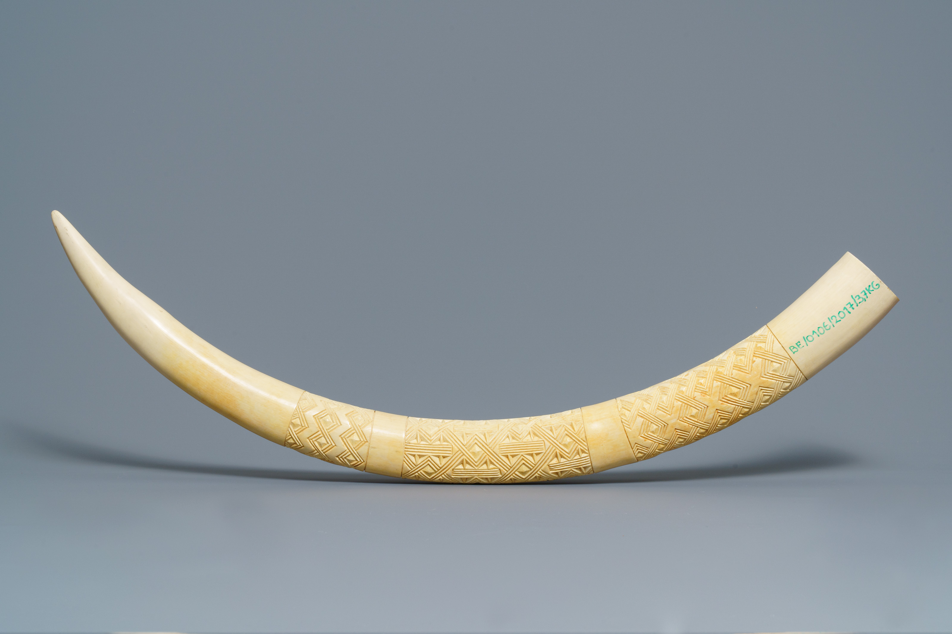 A carved African ivory tusk with ornamental design, Congo, 1st half ...