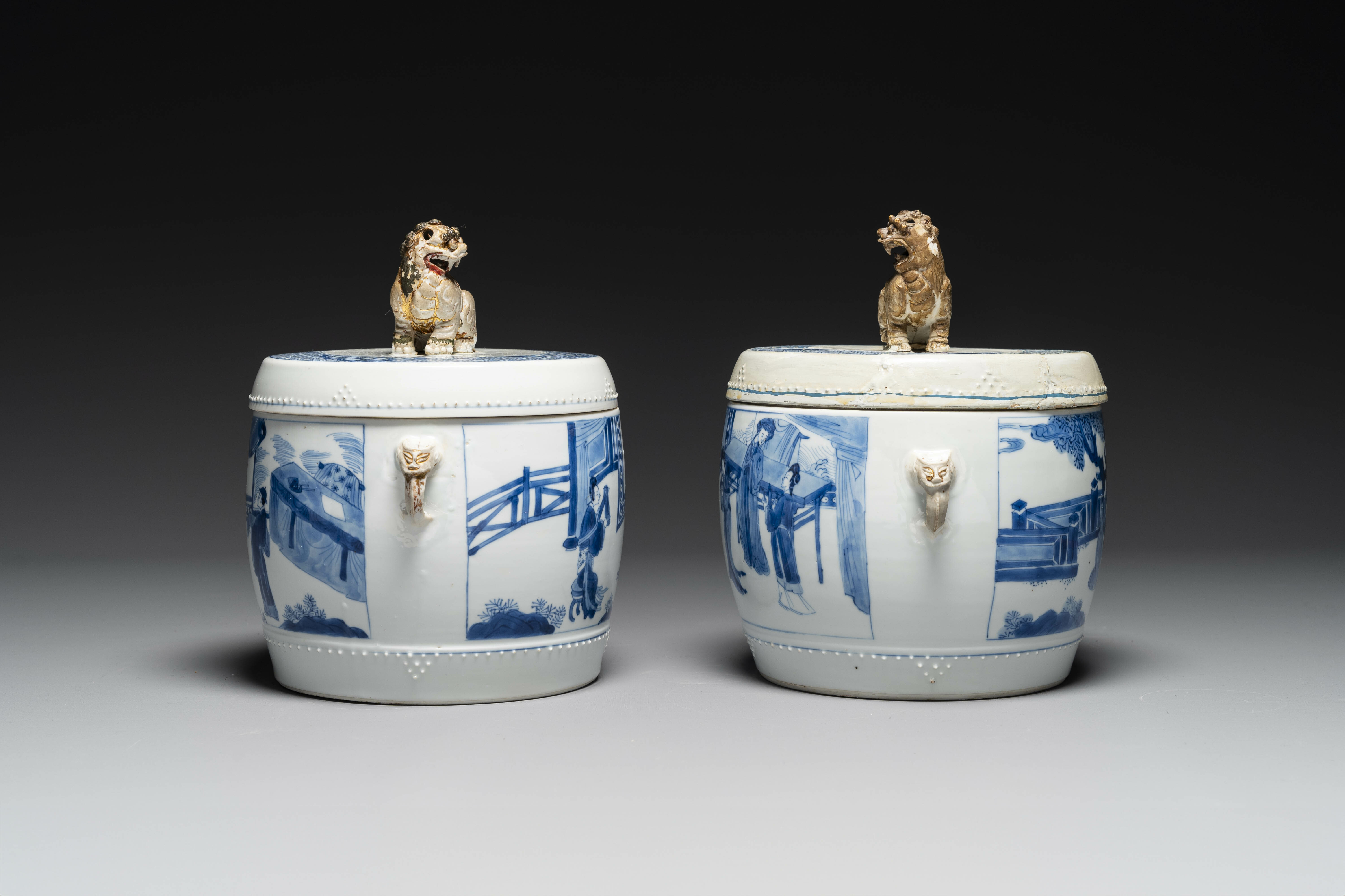 A pair of Chinese blue and white drum-shaped jars and cover, Jiajing ...