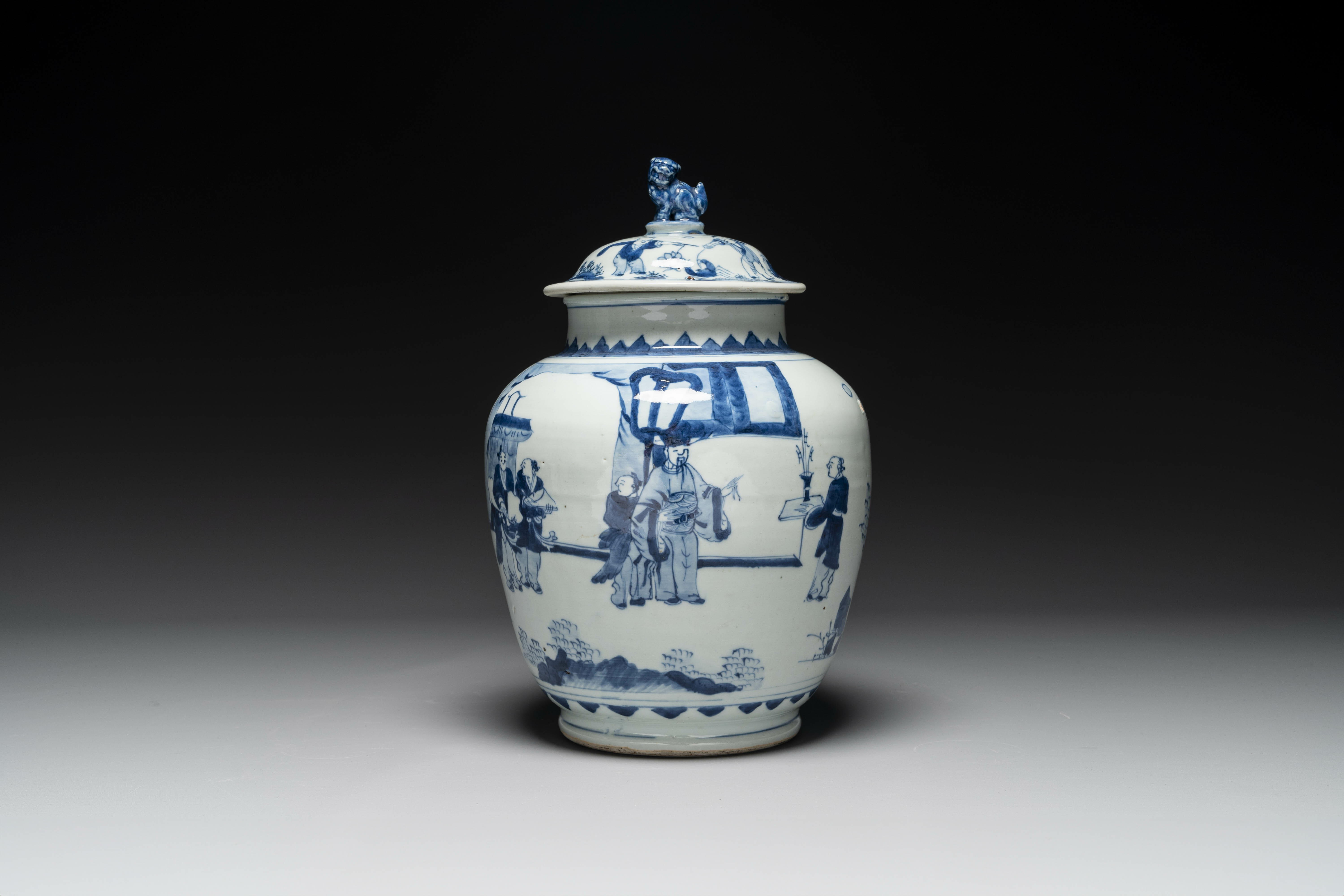 A Chinese blue and white 'Jia Guan Jin Jue 加官晉爵' vase and cover ...