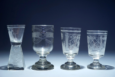 A lot of 4 engraved masonic glasses (freemasonry), 20th C.