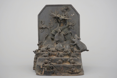 A dark bronze animal subject group, China, Ming Dynasty, 15-16th C.