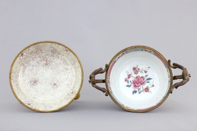 Two Chinese porcelain bowls with gilt bronze mounts, Yongzheng and 19th C.