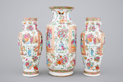 A large group of Canton rose medallion, 3 vases and 3 bowls, 19th C.