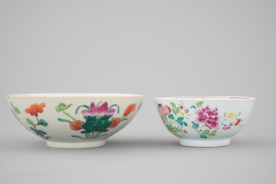 A pair of Chinese Imari-style porcelain dishes, two famille rose bowls and two Japanese Imari shaving bowls, 18th C.