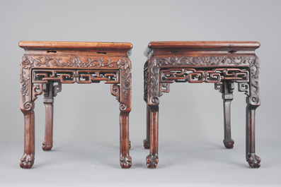 Two Chinese carved hongmu wood marble top vase stands, 19th C.