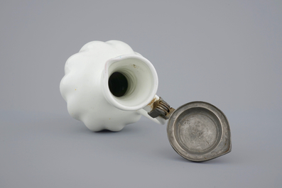 A white Dutch Delft pewter-mounted gadrooned jug, 18th C.