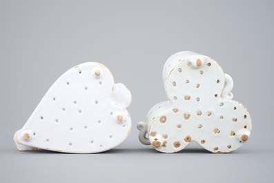 Two white Dutch Delft strainers, heart-shaped and trilobed, 18th C.