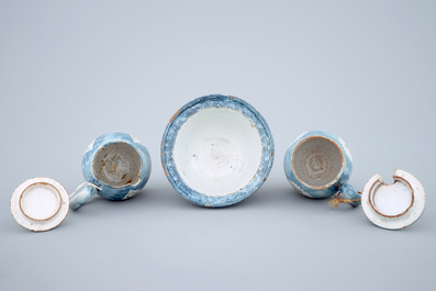 2 Brussels faience blue ground mustard jugs and a bowl, 18th C.