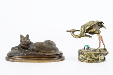 A group of bronze and regule animals: a group of cats, two hippos and a crane, 20th C.