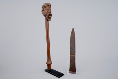 An African carved wood and metal axe, Luba, Congo, mid 20th C.