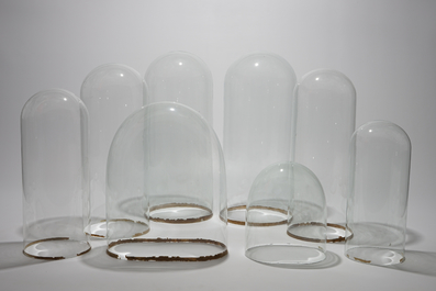 A set of eight glass domes on stands, 20th C.