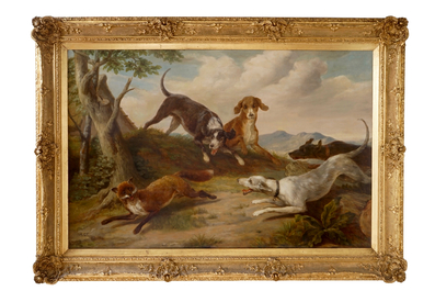 Alexandre Clarys, &quot;Dogs hunting a fox&quot;, oil on canvas of large size