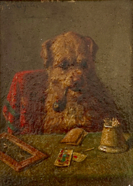 A pipe-smoking dog with playing cards, oil on panel, 19/20th C.