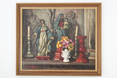 Guillaume Michiels (1909-1997), three still lifes with religious figures, oil on canvas