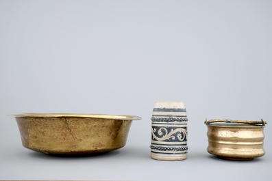 A Malines brass alms dish, a Nuremberg brass alms bowl, an Italian bronze holy water bucket and a Westerwald stoneware beer stein, 16/18th C.