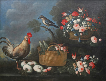 Italian school, A large pair of still lifes with birds and flowers, oil on canvas, 17/18th C.