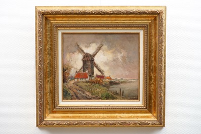 Alfred Van Neste (1874-1969), Een landschap met molen, olie op doek