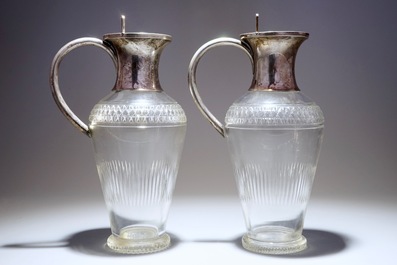 A pair of silver-lidded crystal flasks, prob. Germany, 19th C.