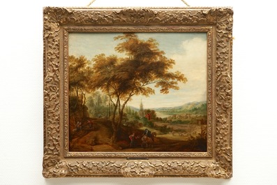 After Jacques D&rsquo;Arthois, A landscape with travellers, oil on panel, 19th C.