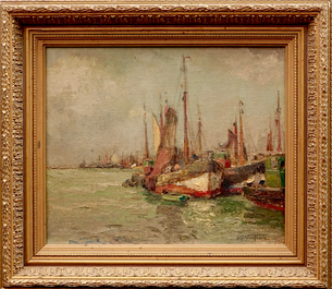 Alfred Van Neste (1874-1969), Vissersboten aan de kust, olie op doek