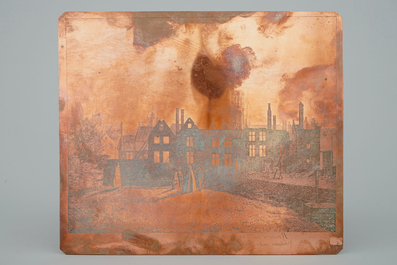 A brass etching plate, A view on Ghent after the large fire of 1789, 19th C.