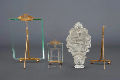 A pewter holy water font and two brass etching plates, 18th C., with 3 early photo frames, 19/20th C.